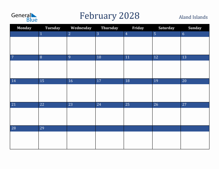 February 2028 Aland Islands Calendar (Monday Start)