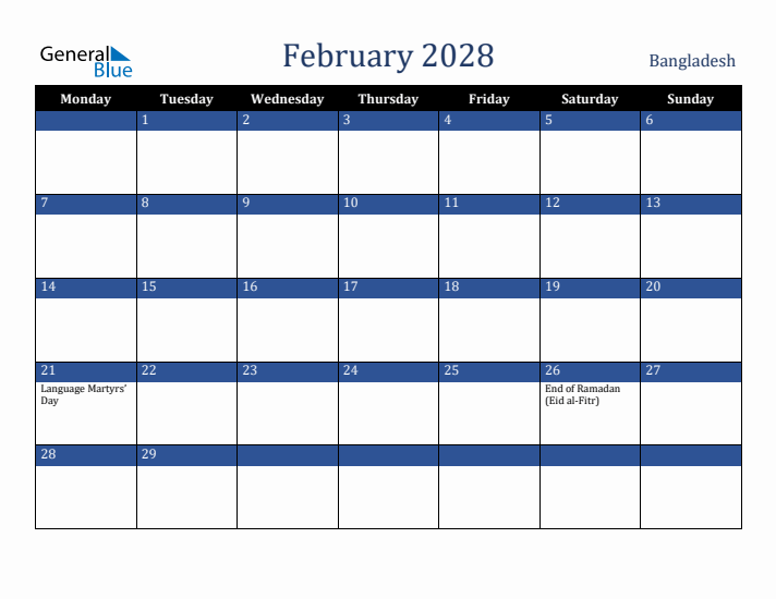 February 2028 Bangladesh Calendar (Monday Start)