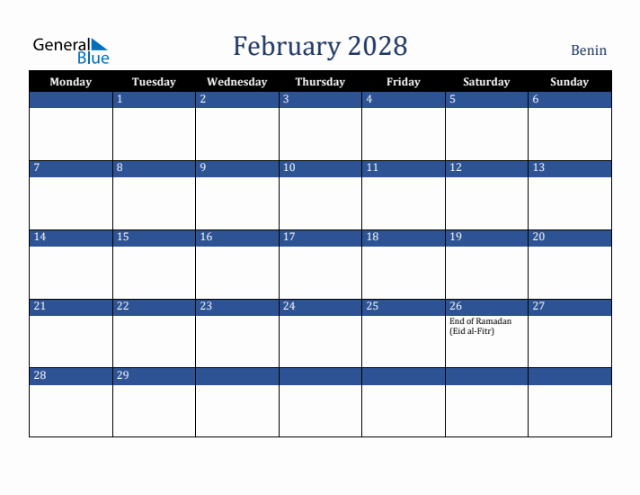 February 2028 Benin Calendar (Monday Start)