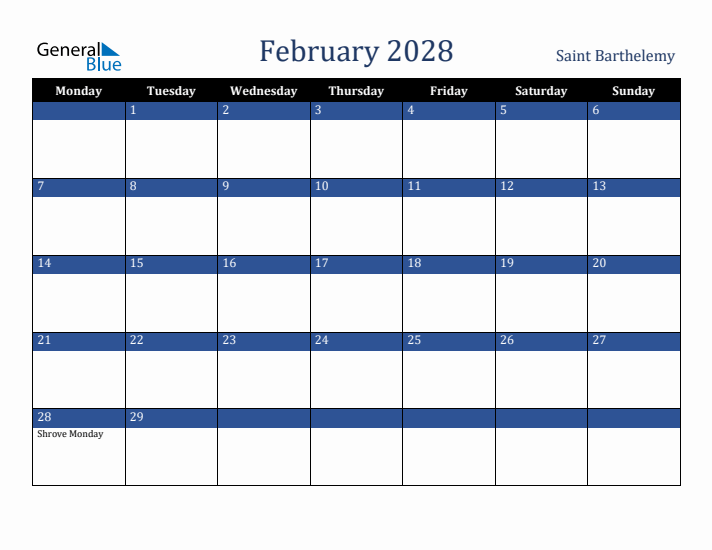 February 2028 Saint Barthelemy Calendar (Monday Start)