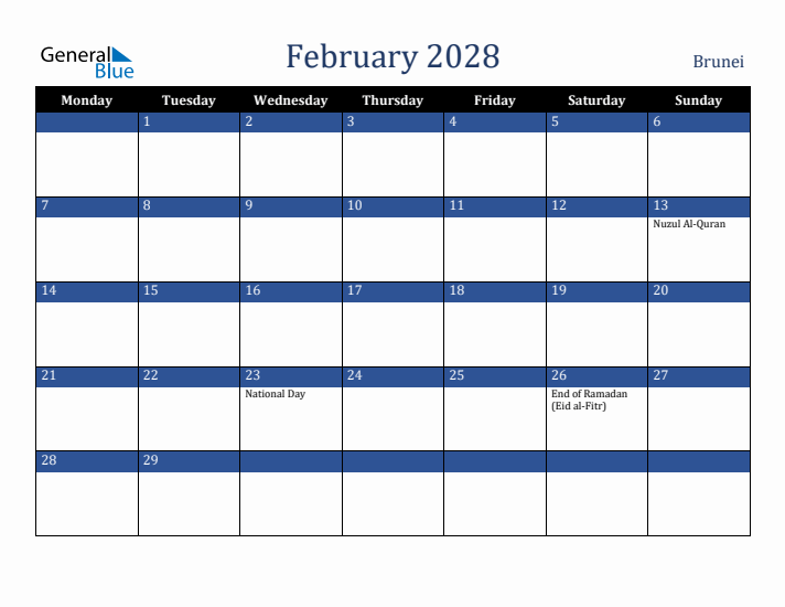 February 2028 Brunei Calendar (Monday Start)