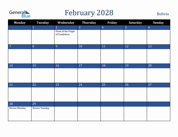 February 2028 Bolivia Calendar (Monday Start)