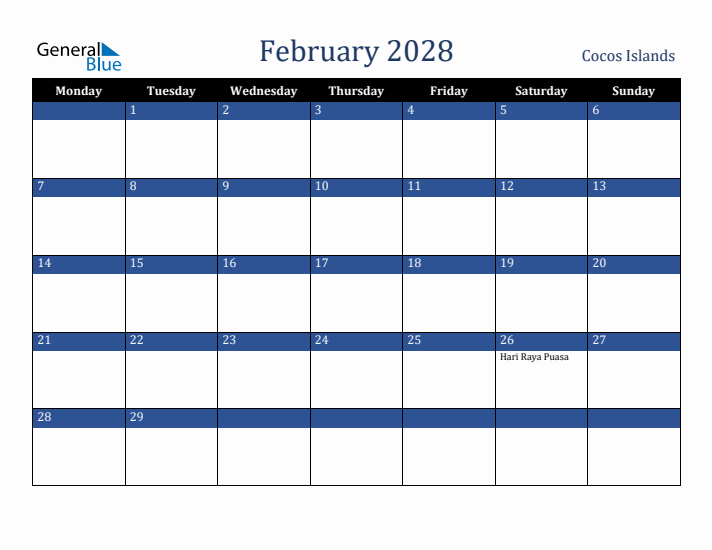 February 2028 Cocos Islands Calendar (Monday Start)