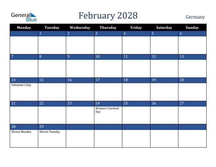 February 2028 Germany Calendar (Monday Start)