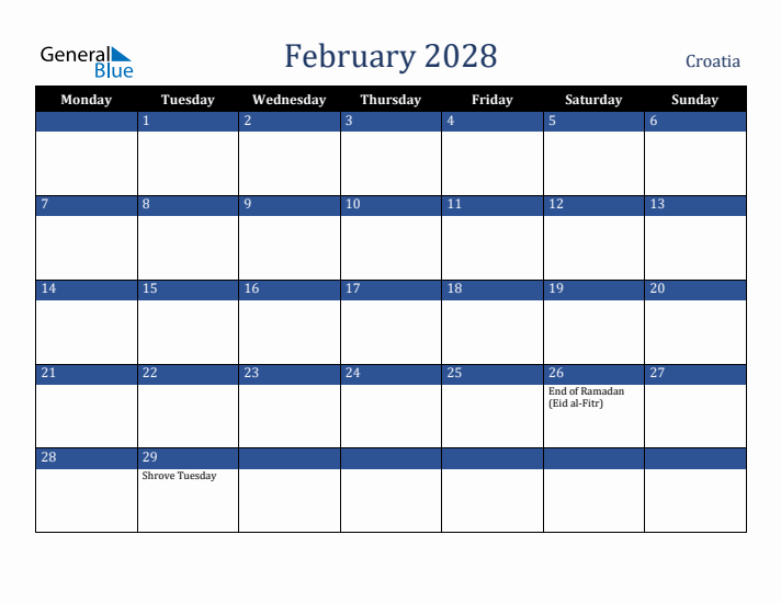 February 2028 Croatia Calendar (Monday Start)