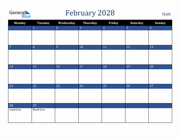 February 2028 Haiti Calendar (Monday Start)