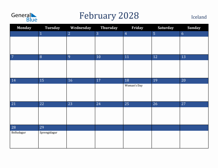 February 2028 Iceland Calendar (Monday Start)