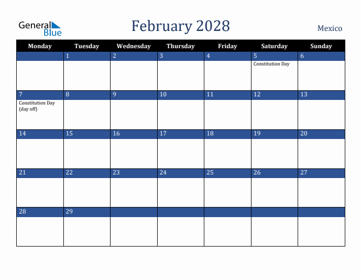 February 2028 Mexico Calendar (Monday Start)