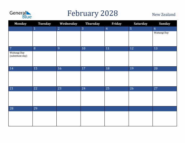 February 2028 New Zealand Calendar (Monday Start)