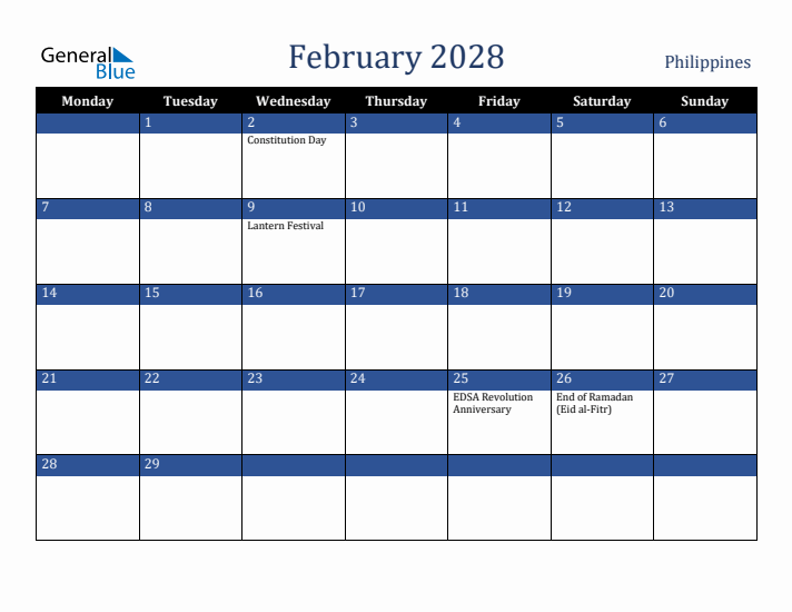 February 2028 Philippines Calendar (Monday Start)