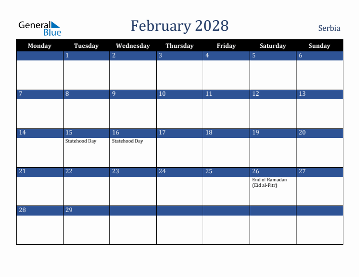 February 2028 Serbia Calendar (Monday Start)