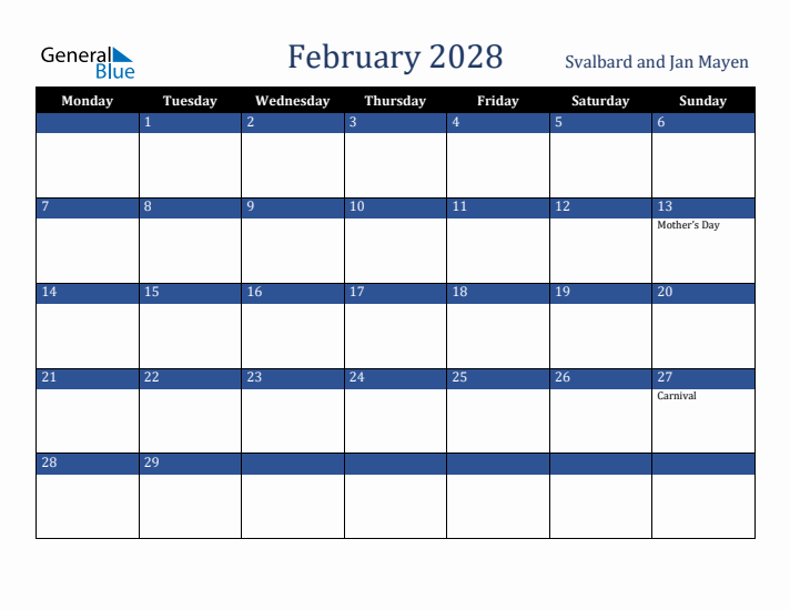 February 2028 Svalbard and Jan Mayen Calendar (Monday Start)