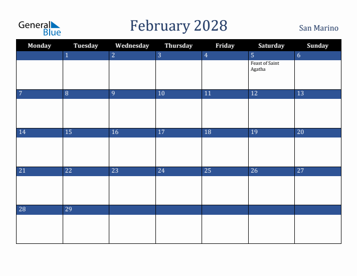 February 2028 San Marino Calendar (Monday Start)