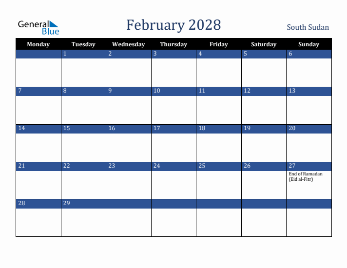 February 2028 South Sudan Calendar (Monday Start)
