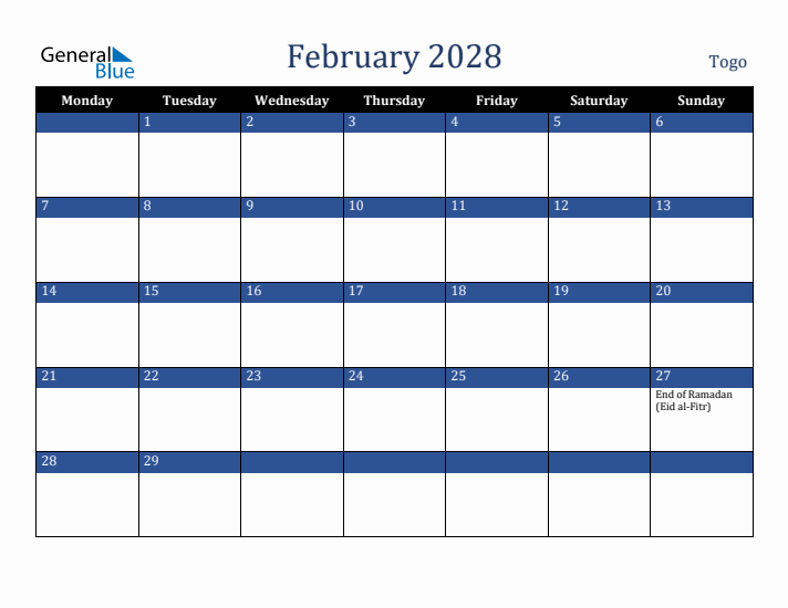 February 2028 Togo Calendar (Monday Start)