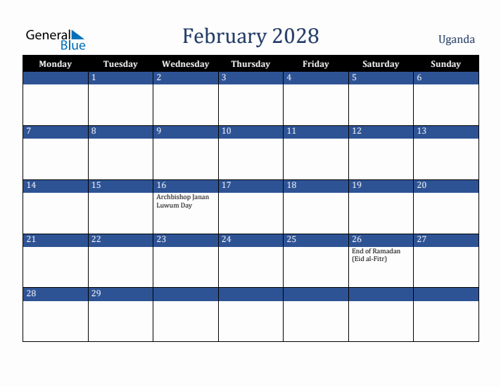 February 2028 Uganda Calendar (Monday Start)