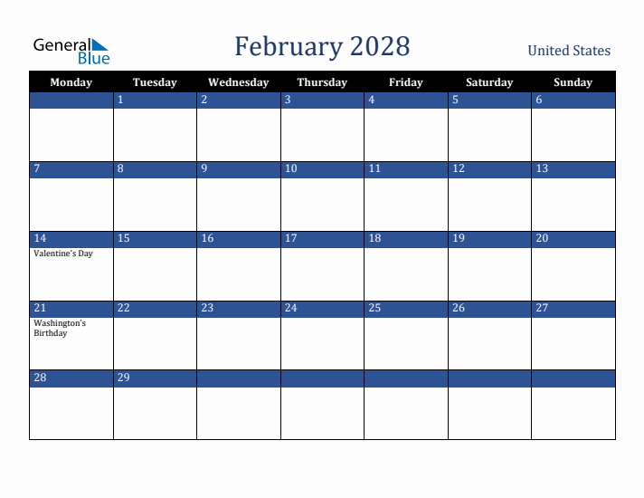 February 2028 United States Calendar (Monday Start)