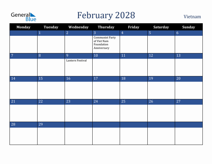 February 2028 Vietnam Calendar (Monday Start)
