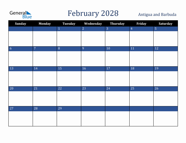 February 2028 Antigua and Barbuda Calendar (Sunday Start)