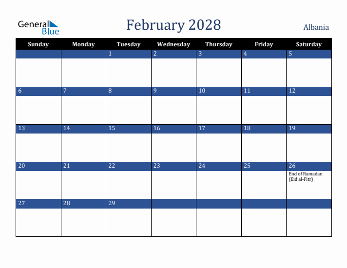February 2028 Albania Calendar (Sunday Start)