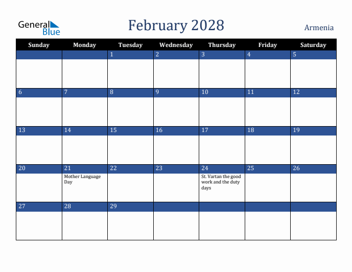 February 2028 Armenia Calendar (Sunday Start)