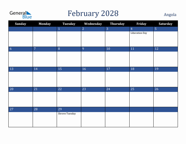 February 2028 Angola Calendar (Sunday Start)