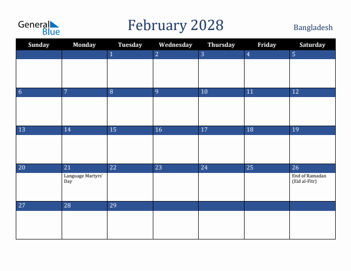 February 2028 Bangladesh Calendar (Sunday Start)