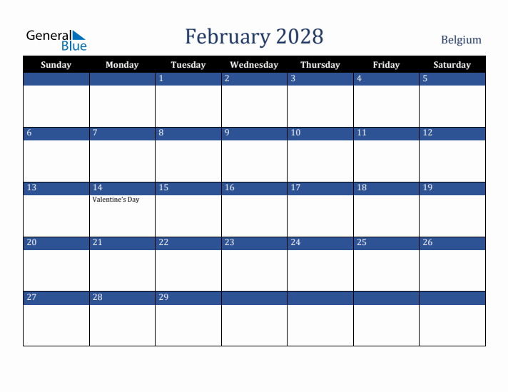 February 2028 Belgium Calendar (Sunday Start)