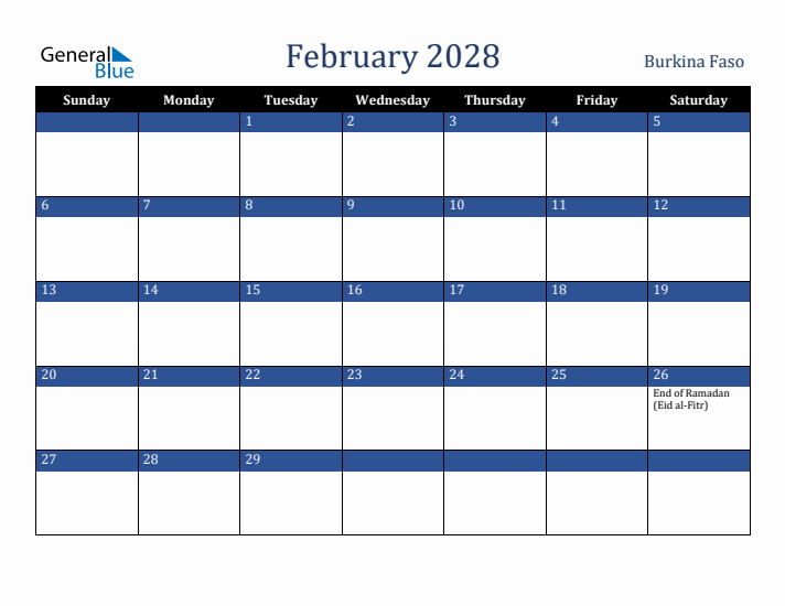 February 2028 Burkina Faso Calendar (Sunday Start)