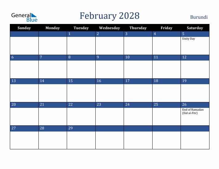 February 2028 Burundi Calendar (Sunday Start)