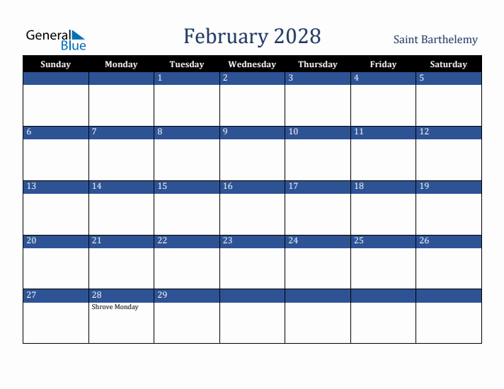 February 2028 Saint Barthelemy Calendar (Sunday Start)