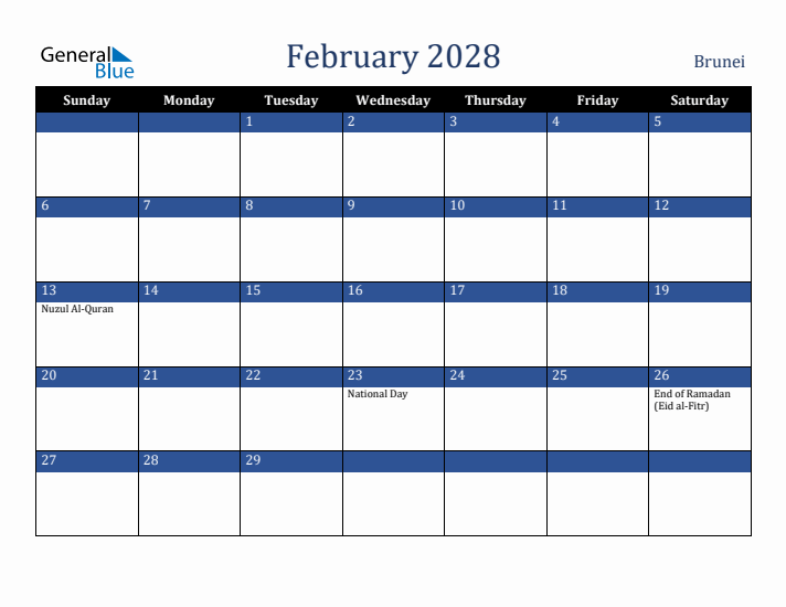 February 2028 Brunei Calendar (Sunday Start)