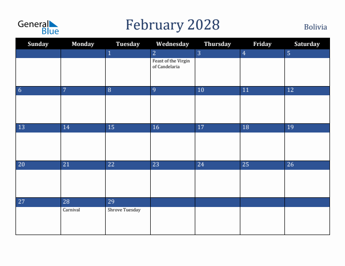 February 2028 Bolivia Calendar (Sunday Start)