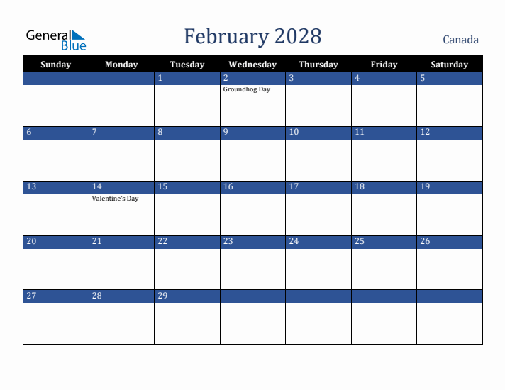 February 2028 Canada Calendar (Sunday Start)