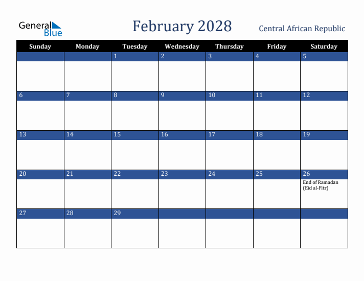 February 2028 Central African Republic Calendar (Sunday Start)