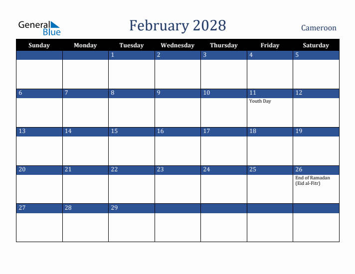 February 2028 Cameroon Calendar (Sunday Start)