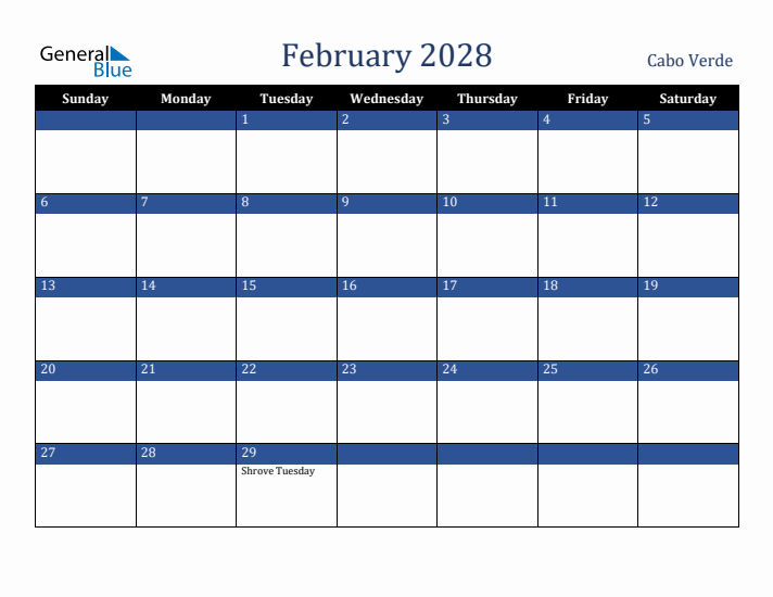 February 2028 Cabo Verde Calendar (Sunday Start)