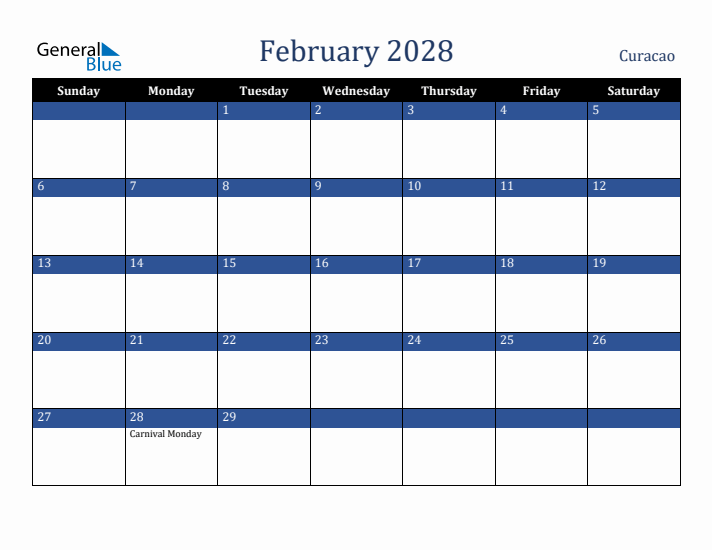 February 2028 Curacao Calendar (Sunday Start)