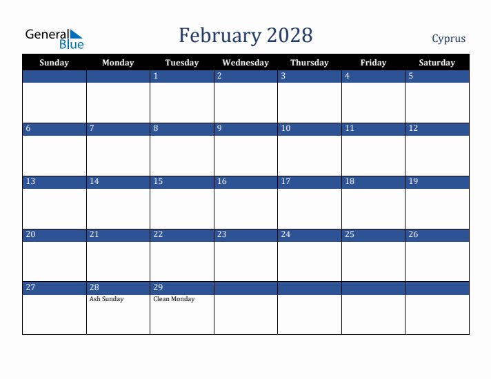 February 2028 Cyprus Calendar (Sunday Start)