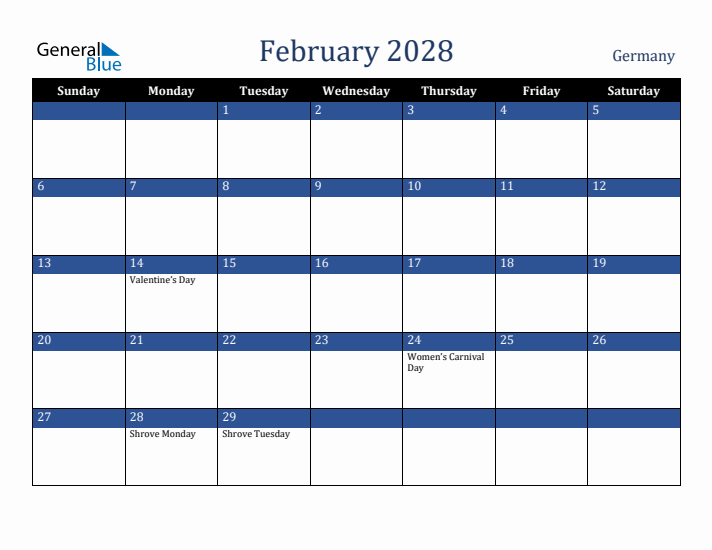 February 2028 Germany Calendar (Sunday Start)