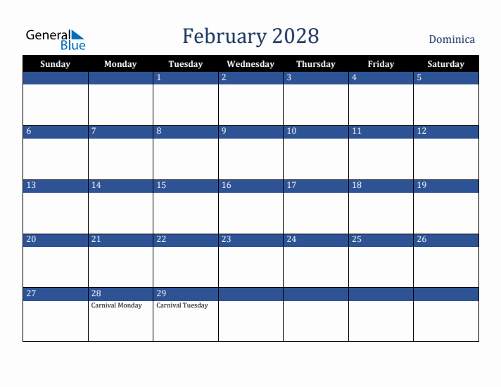 February 2028 Dominica Calendar (Sunday Start)