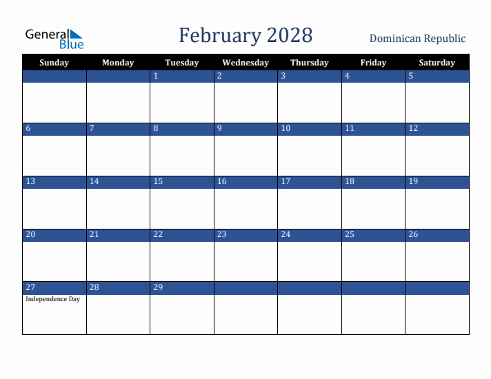 February 2028 Dominican Republic Calendar (Sunday Start)