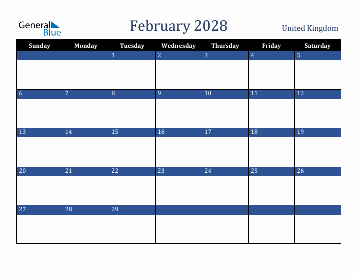 February 2028 United Kingdom Calendar (Sunday Start)