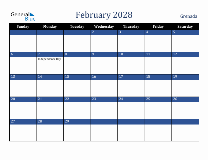 February 2028 Grenada Calendar (Sunday Start)