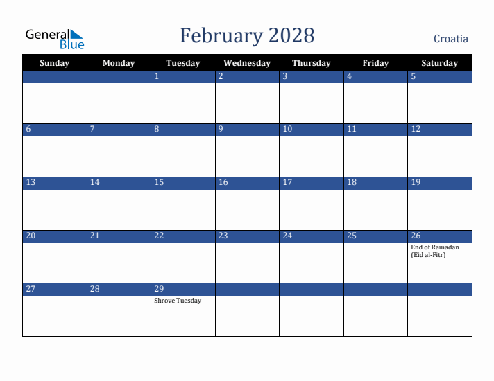 February 2028 Croatia Calendar (Sunday Start)
