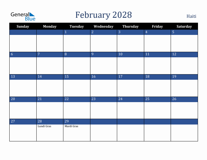 February 2028 Haiti Calendar (Sunday Start)