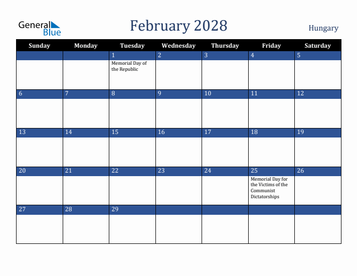 February 2028 Hungary Calendar (Sunday Start)