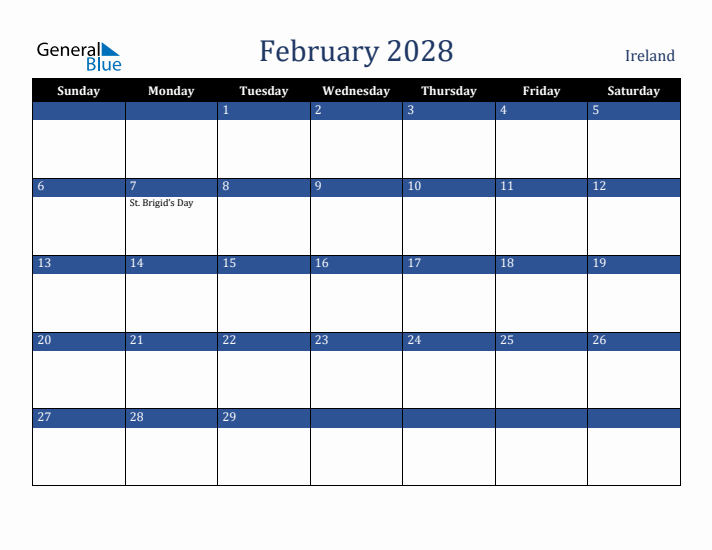 February 2028 Ireland Calendar (Sunday Start)