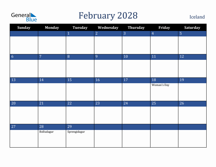 February 2028 Iceland Calendar (Sunday Start)