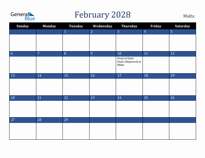 February 2028 Malta Calendar (Sunday Start)